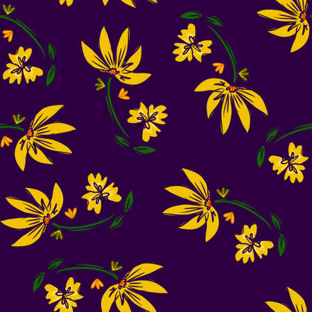 Background pattern of many different small flowers and plants. Seamless illustration. Design print for textilesのイラスト素材