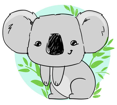 Hand drawn cute childish illustration koala and green leaves. design.のイラスト素材
