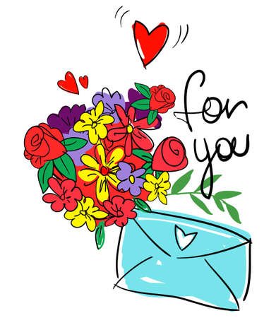 Design for Valentine's Day with a bouquet of flowers drawn, a heart and an envelope on a white background. illustration.のイラスト素材