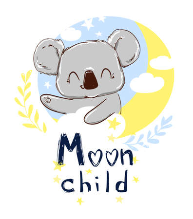 Cute koala on the moon. Beautiful childish illustration. Print design for clothes, fabric, background, nursery, banner. Handwritten - Moon childのイラスト素材