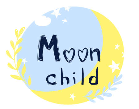Handwritten - Moon child. Childish illustration. Print design for clothes, fabric, background, nursery, banner.のイラスト素材
