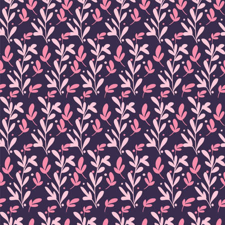 Background pattern of different plants and branches on a dark purple background. Seamless illustration. Design print for textilesのイラスト素材