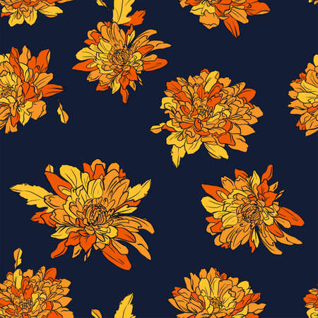 Chrysanthemum flowers pattern vector. Hand drawn botanical background. Floral design print for textile.のイラスト素材