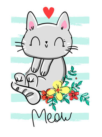 Cute cat on a striped background with flowers with a heart. kitten print for children's textiles, t-shirts, nursery. Letters - Meowのイラスト素材