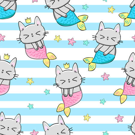 Mermaid cats. Children's textile design. Vector. Pattern seamless.のイラスト素材