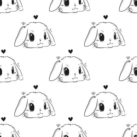 Cute Rabbit with heart pattern seamless. Hand drawn bunny. Print design for textiles.のイラスト素材