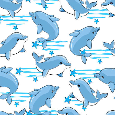 Dolphin print seamless texture for textile, fabric, swimsuit. Marine theme, ocean. Summer graphic design pattern with cute fishes.のイラスト素材