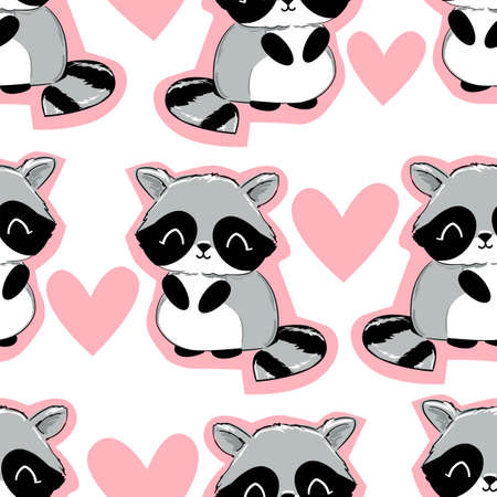 Cute Raccoon and pink heart seamless. Woodland cute animal pattern background.のイラスト素材