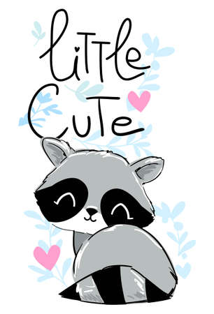 Hand Drawn Cute Raccoon. Cartoon character. Children print on t-shirt. Vector .のイラスト素材