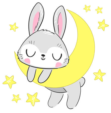 Hand drawn cute rabbit on the moon. Print design for baby pajamas, textiles. Vector illustration.のイラスト素材