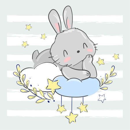 Hand drawn cute rabbit on the moon. Print design for baby pajamas, textiles. illustration.のイラスト素材