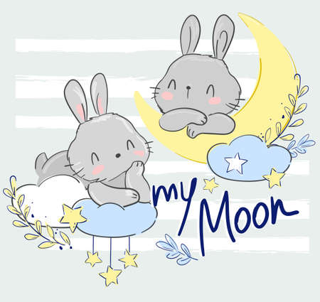 Hand drawn cute rabbit on the moon. Print design for baby pajamas, textiles. illustration.のイラスト素材