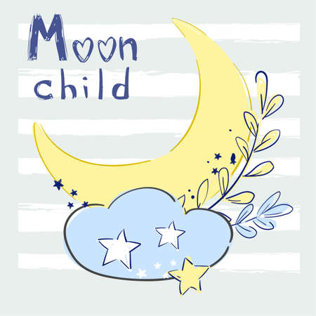 Cute Moon. Handwritten - Moon child. Childish illustration. Print design for clothes, fabric, background, nursery.のイラスト素材