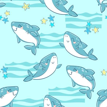 Seamless pattern cute shark and starfish background for textile. Vector. Childish print design for fabric, t-shirts, poster, background.のイラスト素材