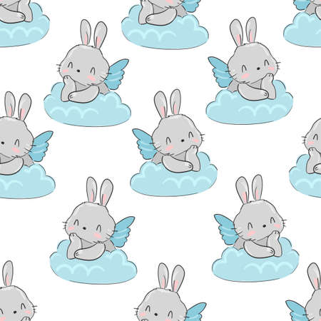 Cute hand drawn Bunny sitting on a cloud pattern seamless. Print for children's textiles, poster design, nursery. Fluffy rabbit tail. Vector stock.のイラスト素材