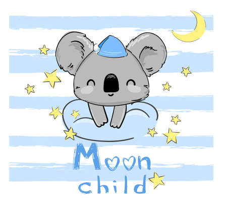 ute Koala sitting on a cloud and stars. Vector illustration. Print for home clothes, pajamas, a nightdress, textiles. Childish design.のイラスト素材