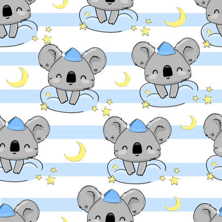 Cute Koala sleeps on the Moon pattern seamless Vector illustration. Print for home clothes, pajamas, a nightdress, textiles. Childish design.のイラスト素材