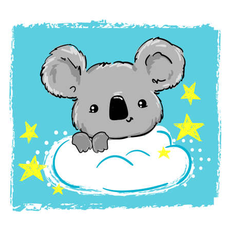  ute Koala sitting on a cloud and stars. Vector. Print for home clothes, pajamas, a nightdress, textiles. Childish design.のイラスト素材