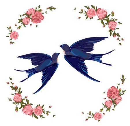 Swallow and flowers vector illustration. bird flying, bird silhouette, bird vector.のイラスト素材