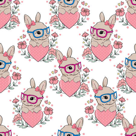 Seamless Pattern cute bunny and flowers. Vector illustration. Childish print design for nursery, t-shirt, textile, background.のイラスト素材