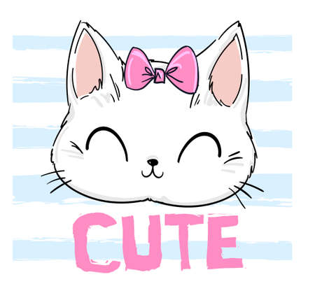Hand drawn Cute Cat and bow. Print for children's textiles, poster design, nursery. Vector stock.のイラスト素材