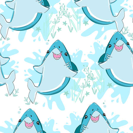 Seamless pattern cute shark background for textile. Vector. Fish background.のイラスト素材