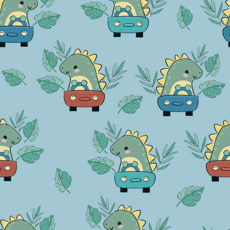 Dinosaur cute rides car childish children illustration print for textile seamless pattern vectorのイラスト素材