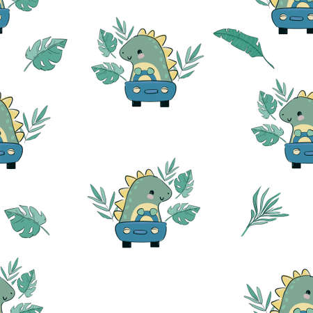 Dinosaur cute rides car childish children illustration print for textile seamless pattern vectorのイラスト素材