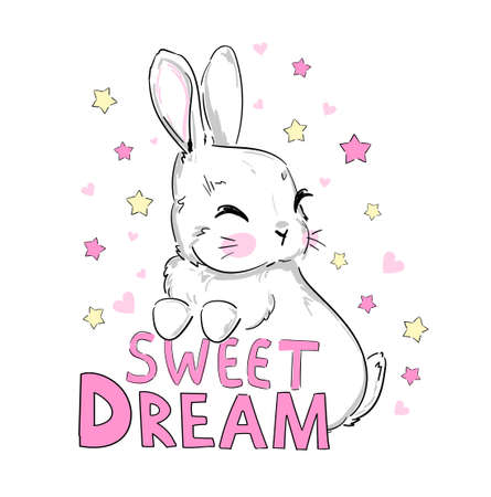Hand drawn cute bunny in a crown and handwritten phrase sweet dream childish rabbit print for baby products vector illustrationのイラスト素材