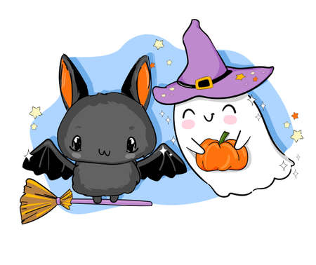 Ghost with pumpkin and bat design element for the holiday halloween vector illustrationのイラスト素材