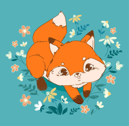 Hand drawn cute Fox and flowers Vector Woodland animal Print for children's t-shirts.のイラスト素材