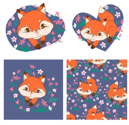Hand drawn Set cute Fox and flowers Vector Woodland animal Print for children's t-shirts.のイラスト素材