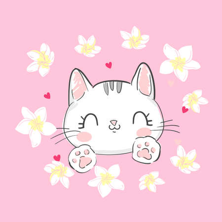 Hand drawn cute cat and flowers pink background vectorのイラスト素材