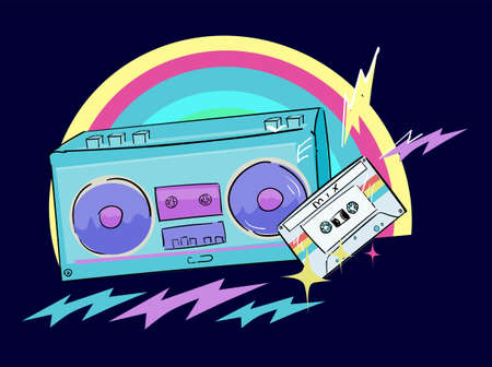 Hand drawn radio tape recorder and cassette with retro music for t-shirt printing vectorのイラスト素材