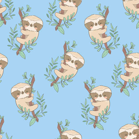 Cute fun sloths on a branch with leaves seamless pattern vectorのイラスト素材