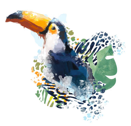 Toucan with green tropical leaves zebra skin spot leopard background print design for summer tropics illustrationのイラスト素材