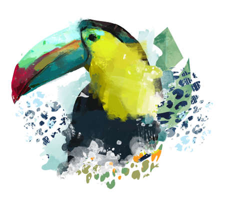 Toucan with green tropical leaves zebra skin spot leopard background print design for summer tropics illustrationのイラスト素材