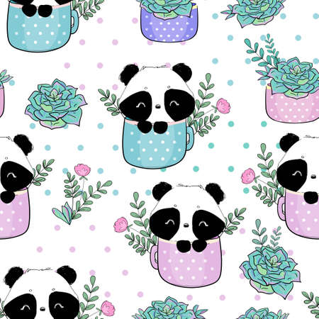 Seamless pattern background with panda with cup and succulent vectorのイラスト素材