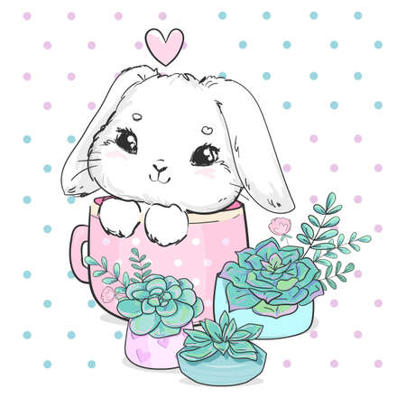 Hand drawn cute bunny with cup and succulent vector illustrationのイラスト素材
