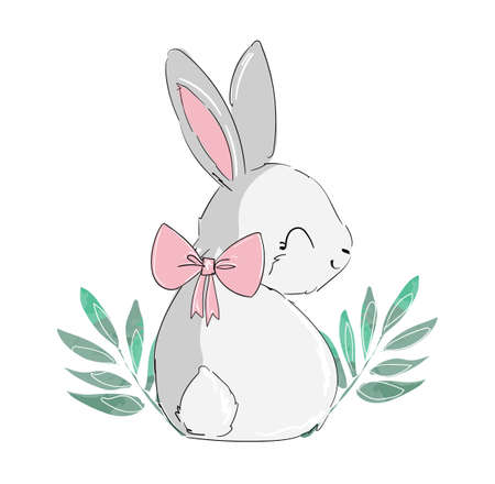 Cute fun rabbit with bow and leaves vector illustrationのイラスト素材