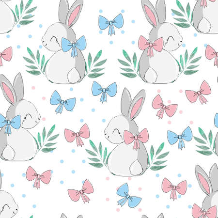 Seamless pattern rabbit and pink and blue bow bunny print design background vector textile for kids fashionのイラスト素材