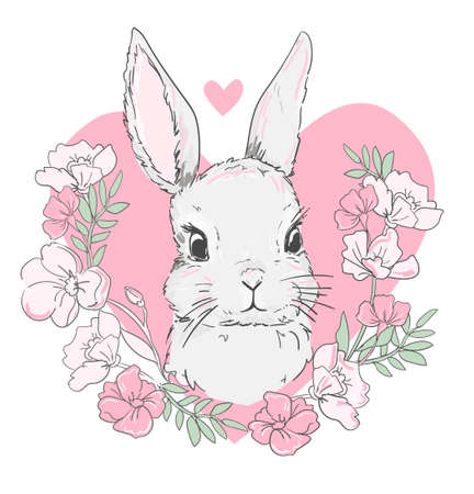 Hand drawn cute bunny and flower arrangement vector illustration rabbit childish print designのイラスト素材