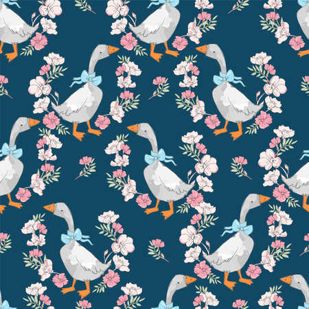 Seamless pattern hand drawn cute goose and flowers vector Print design for textilesのイラスト素材