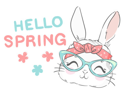 Hand Drawn Cute Bunny with glasses and a bow with flowers and lettering hello spring, Rabbit vector.のイラスト素材