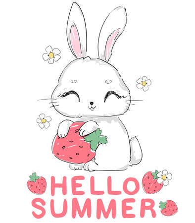 Hand Drawn Cute Bunny with strawberry and flowers vector, children print design rabbitのイラスト素材