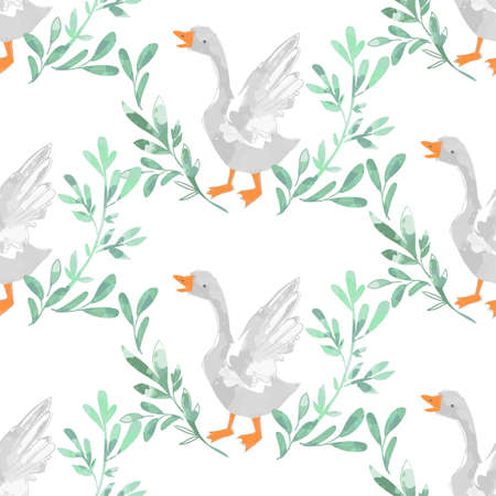 Seamless pattern hand drawn cute goose vector illustration birdのイラスト素材
