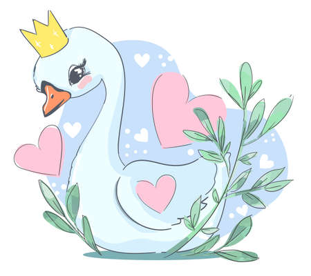 Cute swan beautiful vector illustration. Print children's T-shirt for girls. Cartoon character.のイラスト素材
