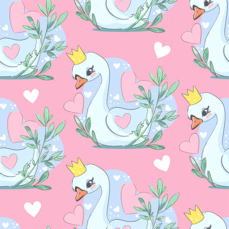 Cute Swan and heart vector pattern seamlessのイラスト素材