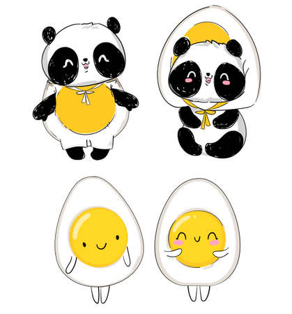 Hand drawn cute panda wearing egg costume vector illustration sweetのイラスト素材