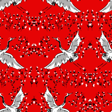 Crane Bird hand drawn background seamless pattern Heron sketch vector print textileのイラスト素材